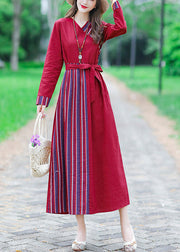 Red Tie Waist Tunic Linen Maxi Dress Long Sleeve