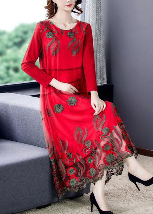 Red Tulle Long Dresses O-Neck Embroideried Spring