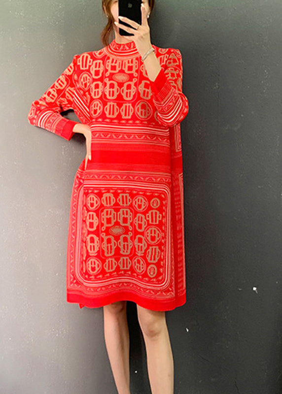 Red Turtleneck Print Side Open Mid Dresses Long Sleeve