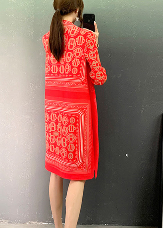 Red Turtleneck Print Side Open Mid Dresses Long Sleeve