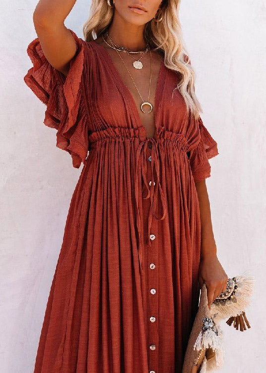 Rose red V Neck Button Maxi Dresses Short Sleeve