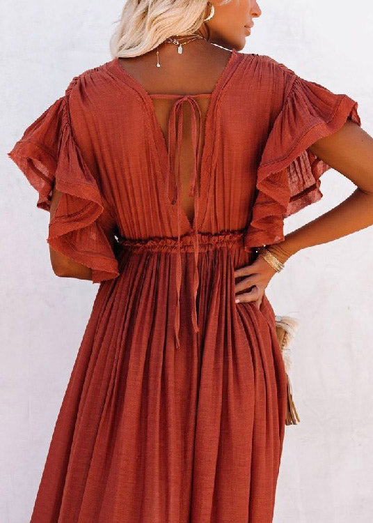 Red-flower V Neck Button Maxi Dresses Short Sleeve