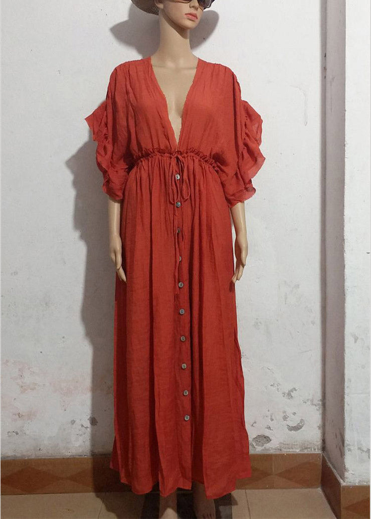 Red-flower V Neck Button Maxi Dresses Short Sleeve