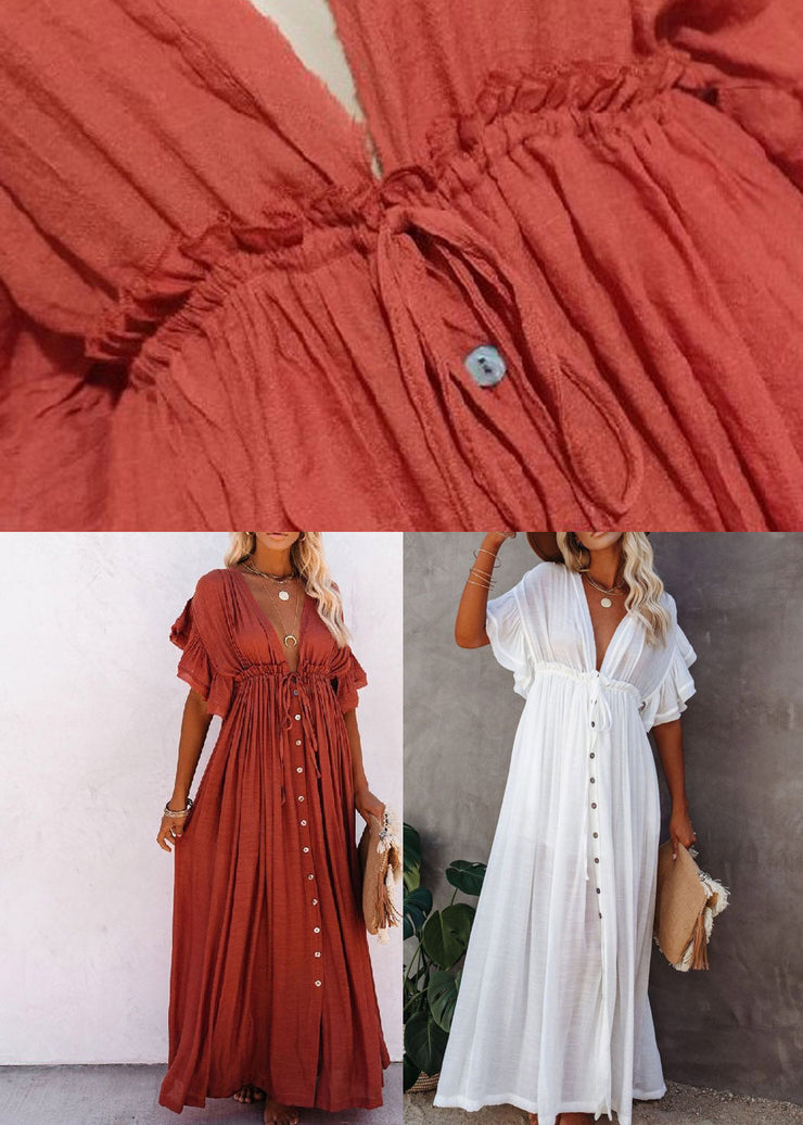 Red-flower V Neck Button Maxi Dresses Short Sleeve