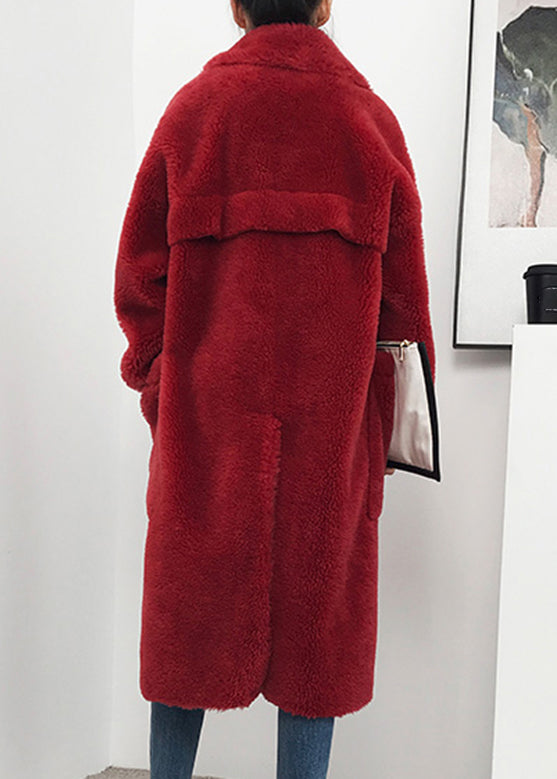 Red V Neck Button Wool Coat Winter