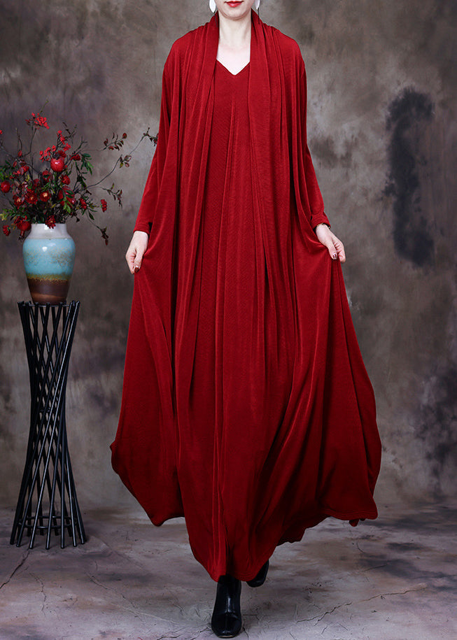 Red V Neck Fake Two Pieces Silk Long Dresses Long Sleeve