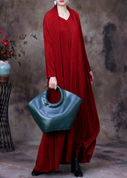 Red V Neck Fake Two Pieces Silk Long Dresses Long Sleeve