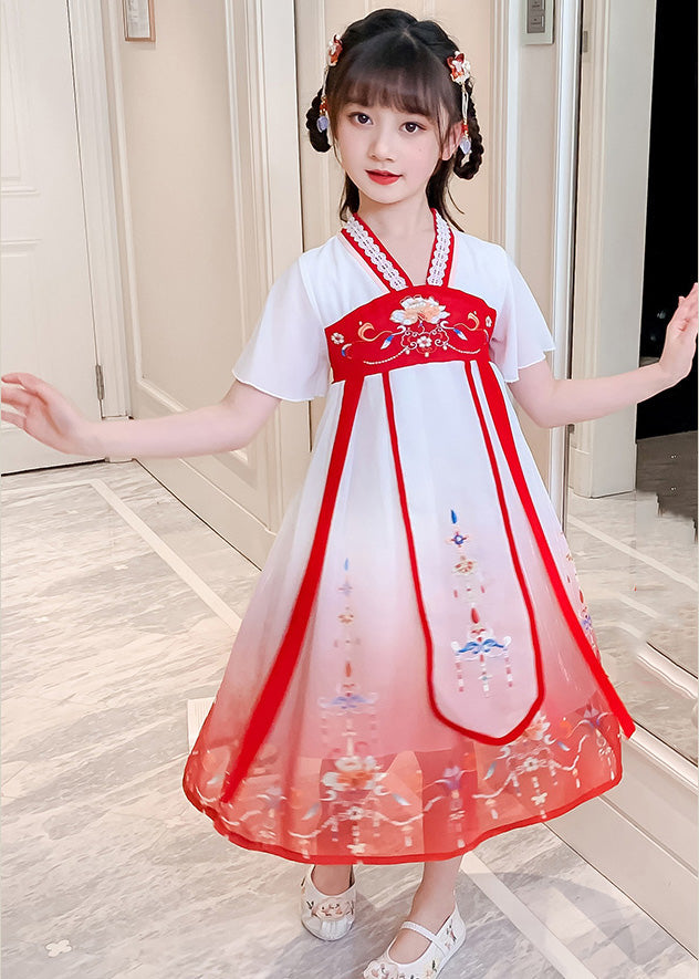 Red V Neck Lace Patchwork Tulle Kids Holiday Maxi Dress Short Sleeve