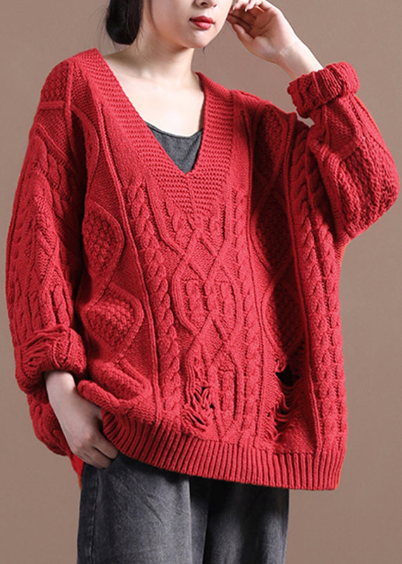 Red V Neck Oversized Cotton Knit Sweaters Fall