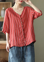 Red V Neck Striped Button Linen Shirts Half Sleeve