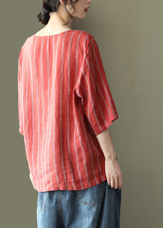 Red V Neck Striped Button Linen Shirts Half Sleeve