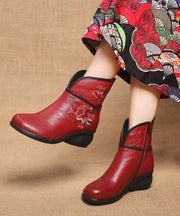 Red Warm Fleece Boots Chunky Cowhide Leather Vintage Embroidery