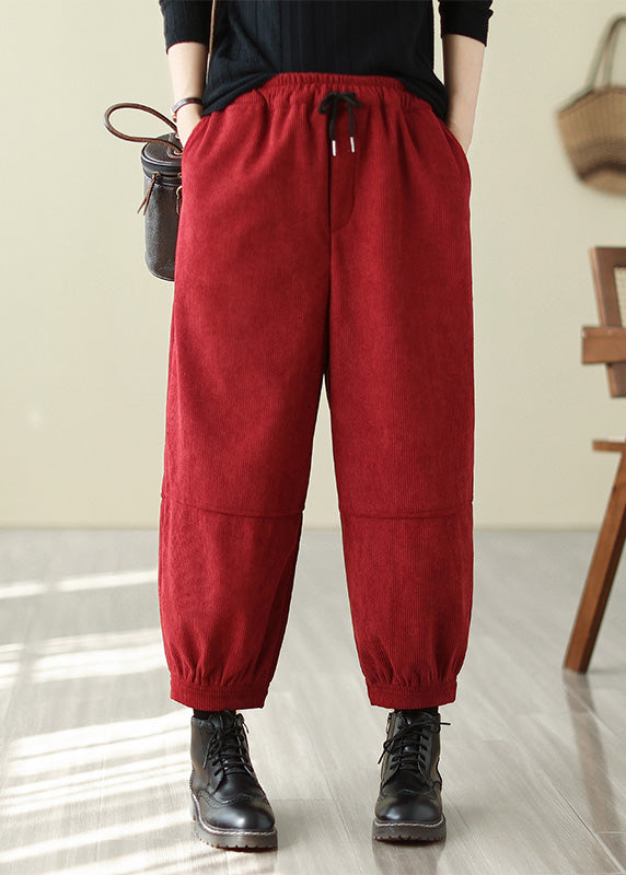 Red Warm Fleece Corduroy Harem Pants Oversized Spring