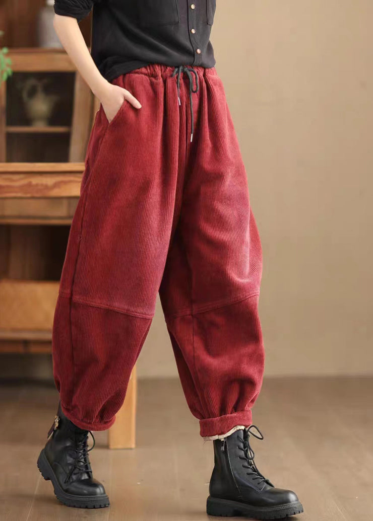 Red Warm Fleece Corduroy Harem Pants Oversized Spring