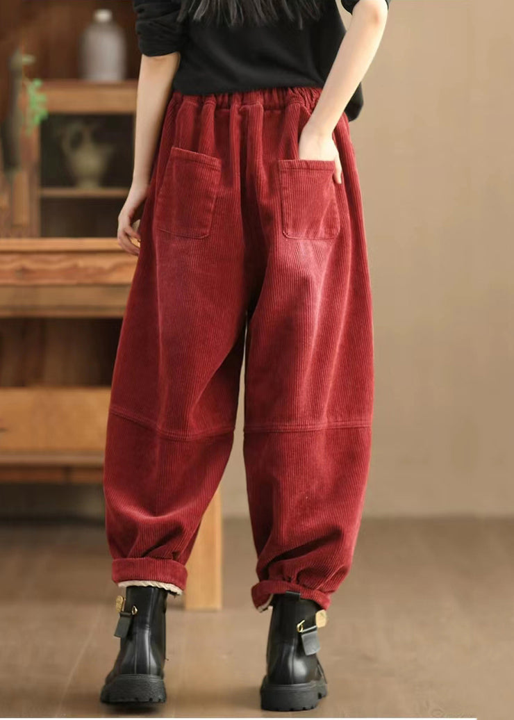 Red Warm Fleece Corduroy Harem Pants Oversized Spring