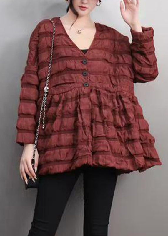 Red Wrinkled Button Womens Parka Winter