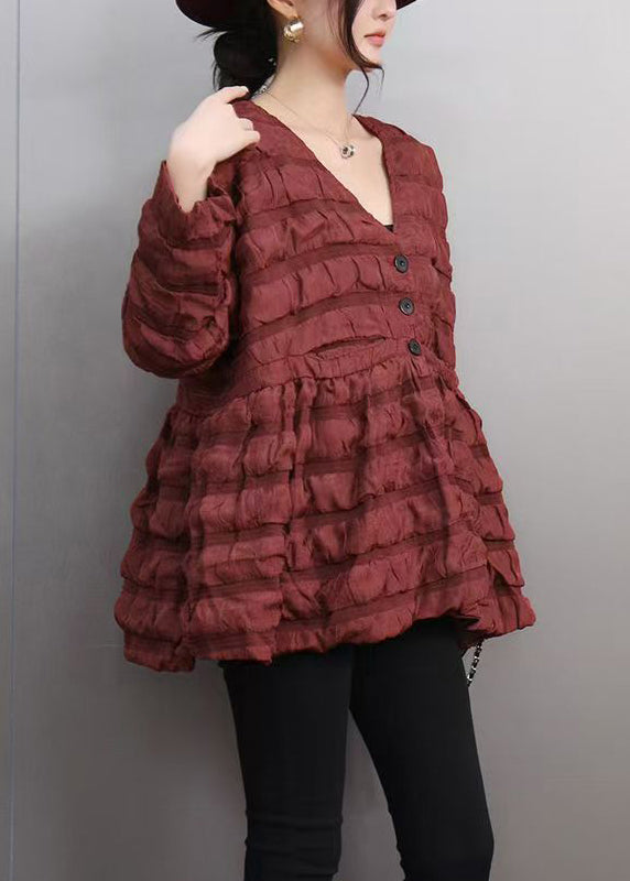 Red Wrinkled Button Womens Parka Winter