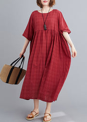 Red Wrinkled Cozy Long Dress Short Sleeve