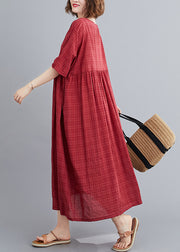 Red Wrinkled Cozy Long Dress Short Sleeve