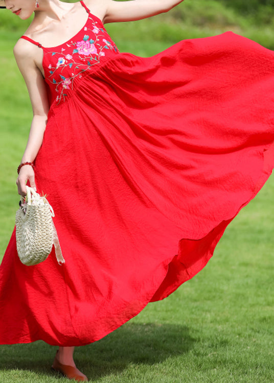 Red Wrinkled Patchwork Cotton Spaghetti Strap Dress Embroidered Sleeveless