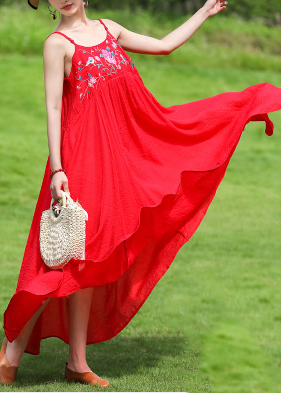 Red Wrinkled Patchwork Cotton Spaghetti Strap Dress Embroidered Sleeveless