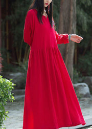 Red Wrinkled Patchwork Linen Dress V Neck Long Sleeve