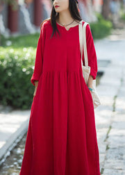 Red Wrinkled Patchwork Linen Dress V Neck Long Sleeve