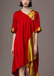 Red Yellow Patchwork Cotton Long Dresses Asymmetrical Summer