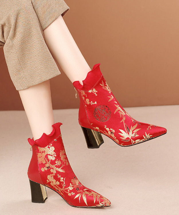 Red Zippered Cowhide Leather Embroidered Chunky Boots