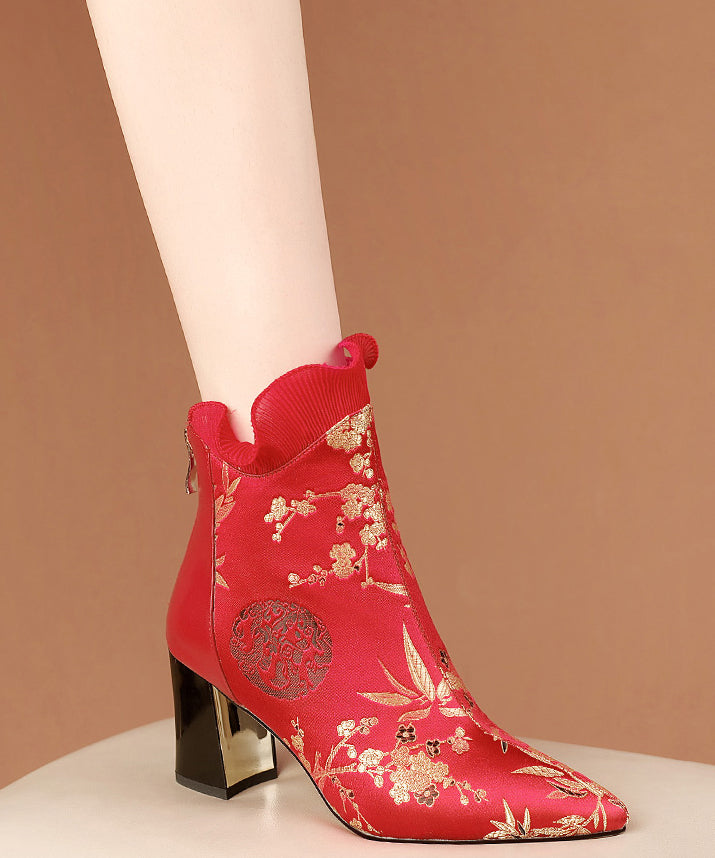 Red Zippered Cowhide Leather Embroidered Chunky Boots