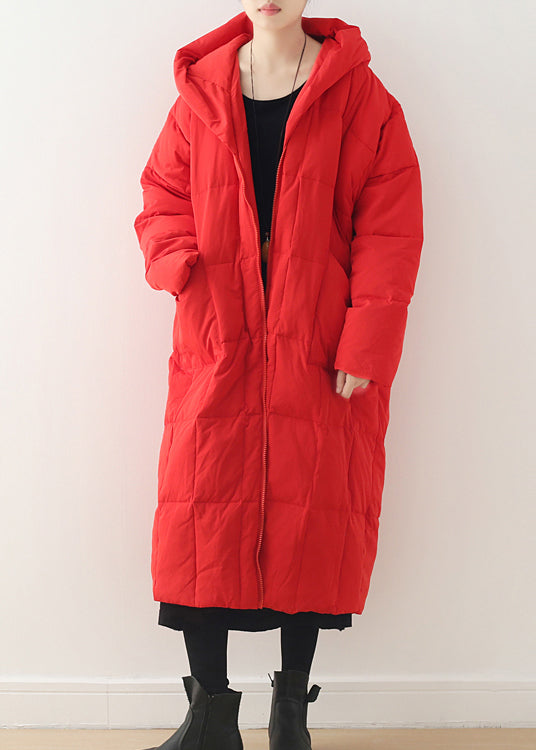 Red Zippered Pockets Hooded Down Coat Long Sleeve