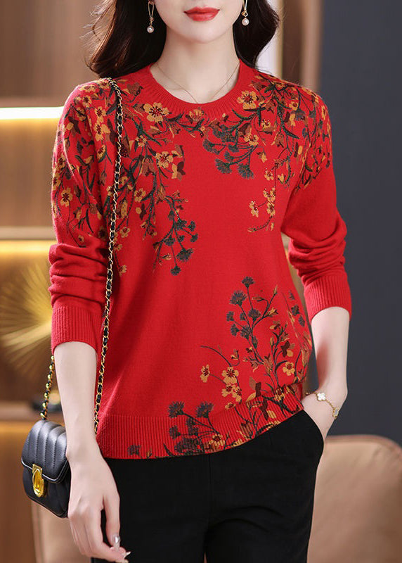 Red Zircon Print Wool Knit Sweaters O Neck Long Sleeve