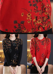 Red Zircon Print Wool Knit Sweaters O Neck Long Sleeve