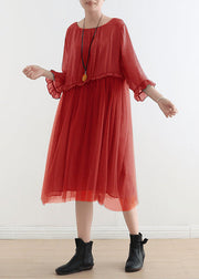 Elegant Red Tulle Patchwork Midi Summer Dress 2025 New