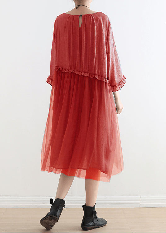 Elegant Red Tulle Patchwork Midi Summer Dress 2025 New