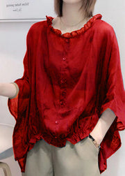 Art Red-flowers Tops Ruffles Trim Half Sleeve Shirts Blouse Plus Size