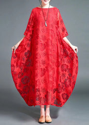 Red Lace vacation Dress Hollow Out Asymmetrical Bracelet Sleeve