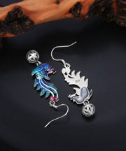 Regular Blue Sterling Silver Cloisonne Phoenix Drop Earrings