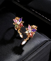 Regular Gold Alloy Crystal Zircon Floral Tassel Drop Earrings