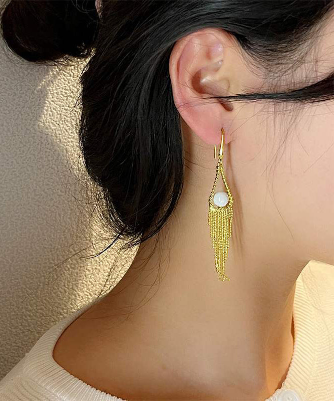 Regular Gold Alloy Pearl Tassel Drop Earrings