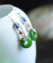 Regular Green Sterling Silver Agate Jade Cloisnne Xiangyun Tassel Drop Earrings