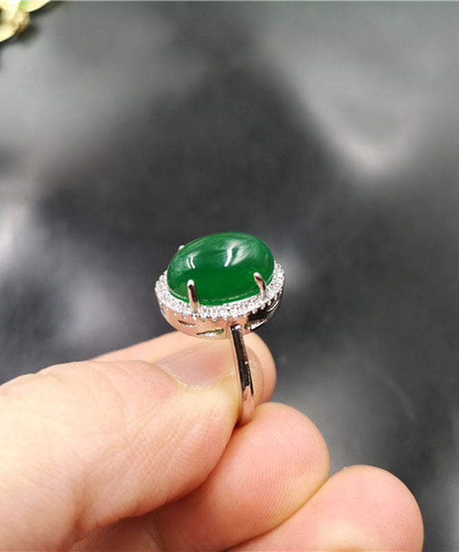 Regular Green Sterling Silver Inlaid Zircon Agate Rings