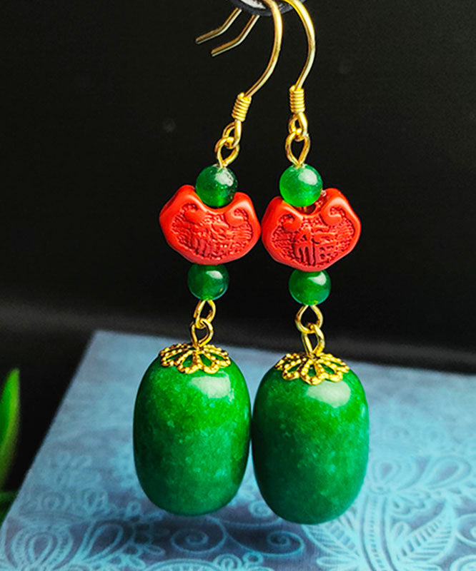 Regular Green Sterling Silver Jade Cinnabar Drop Earrings