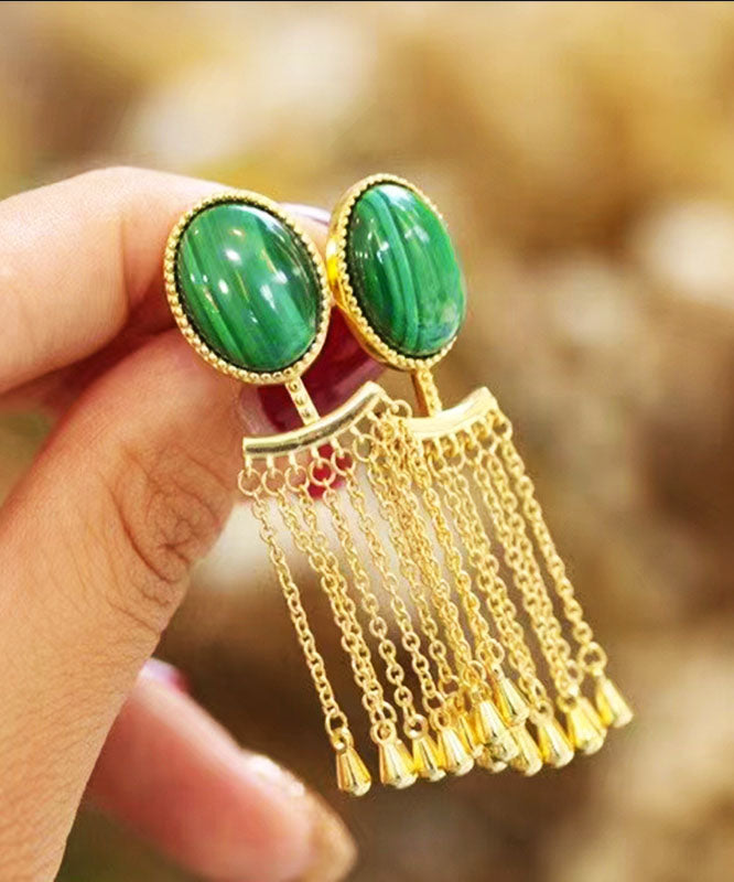 Regular Green Sterling Silver Overgild Inlaid Gem Stone Tassel Drop Earrings