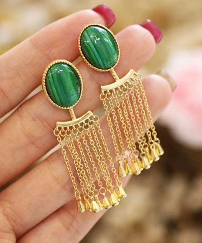 Regular Green Sterling Silver Overgild Inlaid Gem Stone Tassel Drop Earrings