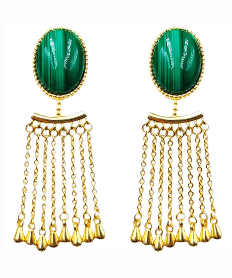 Regular Green Sterling Silver Overgild Inlaid Gem Stone Tassel Drop Earrings