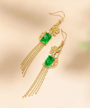 Regular Green Sterling Silver Overgild Inlaid Jade Tassel Drop Earrings