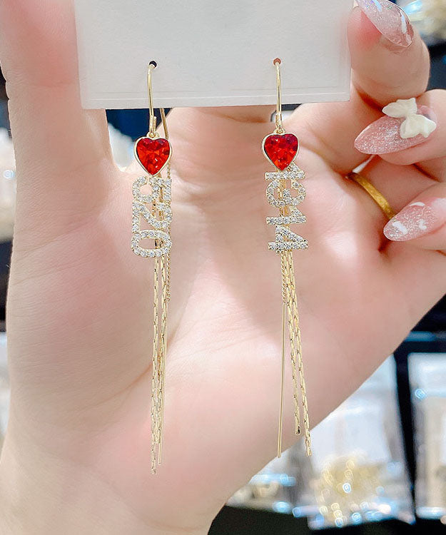 Regular Red Alloy Zircon Digit Love Tassel Drop Earrings