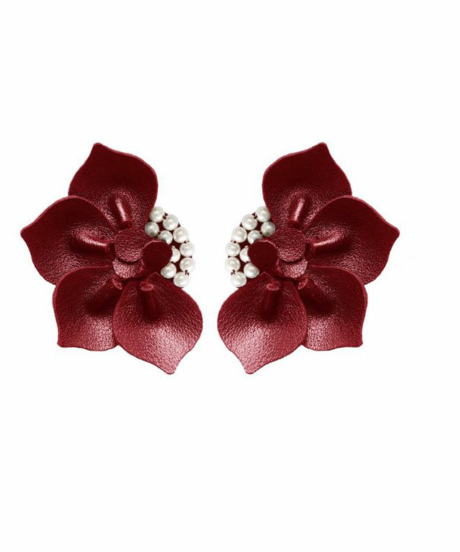 Regular Red Faux Leather Pearl Jasmine Stud Earrings