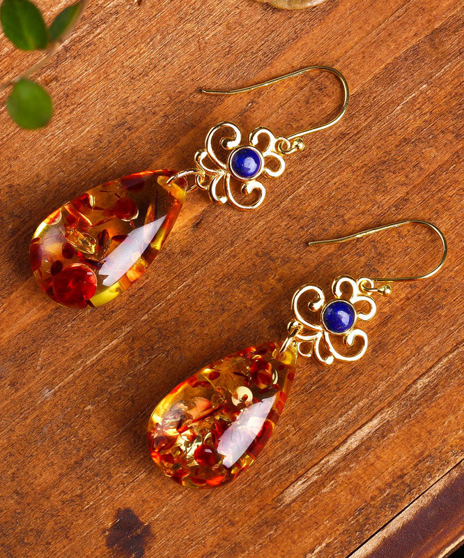 Regular Sterling Silver Overgild Inlaid Gem Stone Amber Drop Earrings